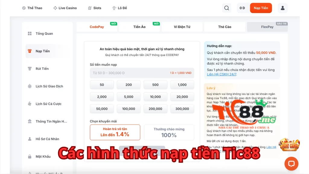 Các hình thức nạp tiền tại nhà cái Tic88